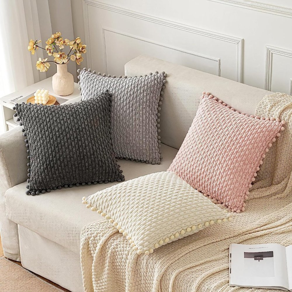 Pompom Tan Stripe Texture Corduroy Farmhouse Cute Luxury Soft Pillow Cover Set - Picture 7 of 7